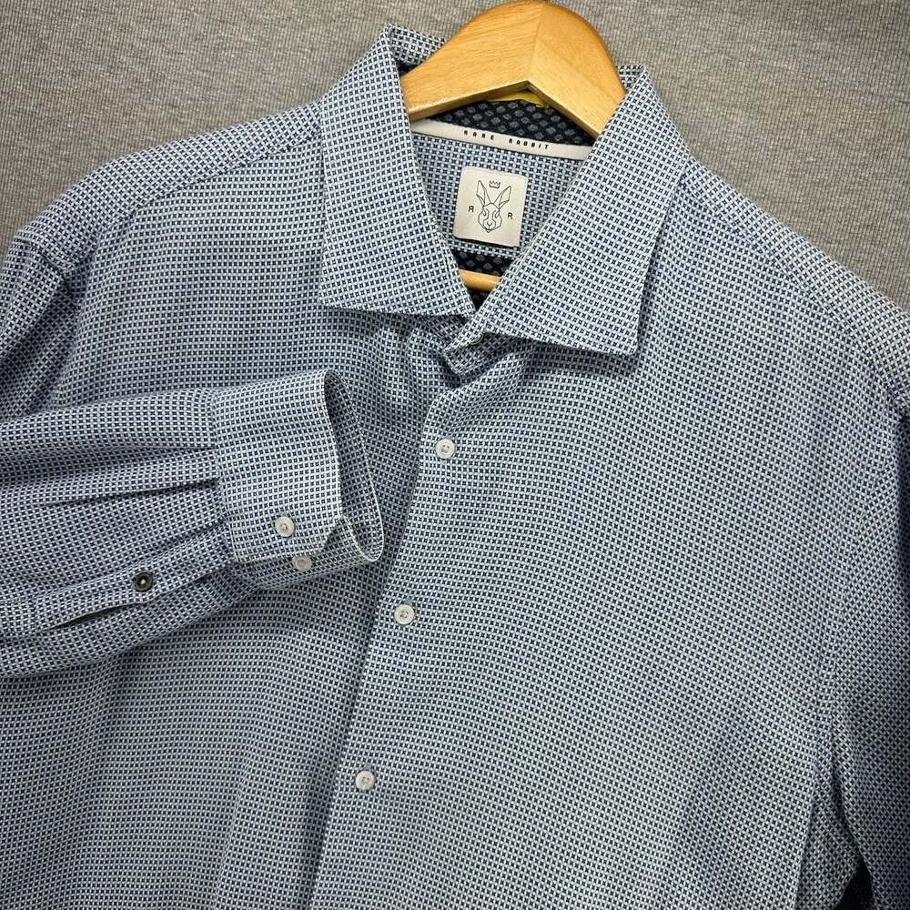 Rare Rabbit Mens Size L Blue Geometric Micro Print Long Sleeve Button Down Shirt